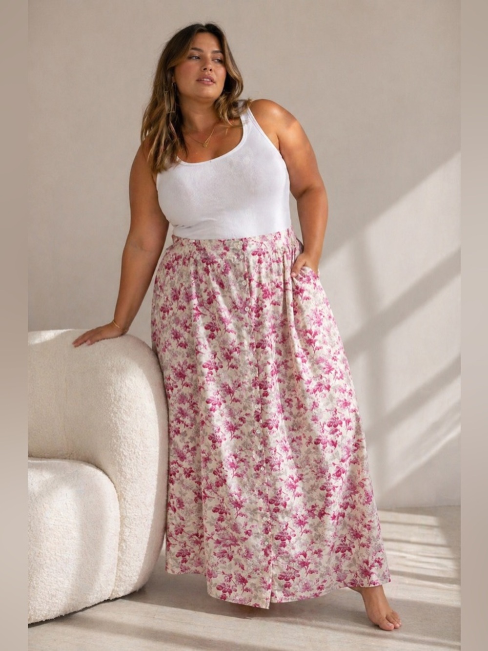 April Cornell Floral Cottagecore Button Front Maxi Skirt XL Pink Cotton A-Line